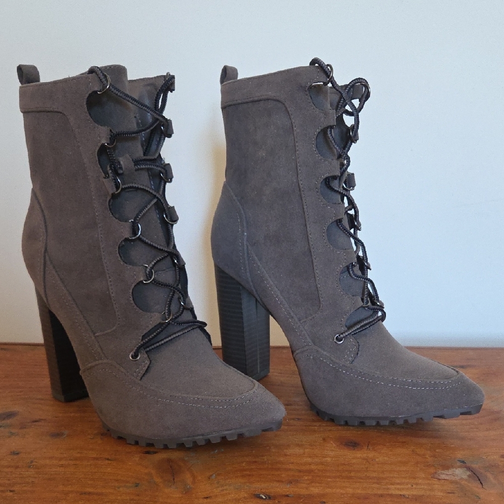 Shoe Dazzle Charcoal Lace-Up Heeled Boots